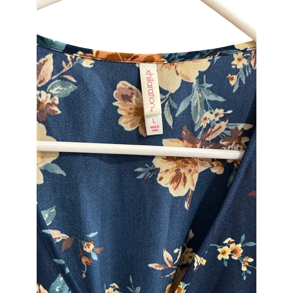 Xhilaration Blue Yellow Floral Mini Dress Ruffle Hem Flutter Sleeve Pockets L - Picture 3 of 14